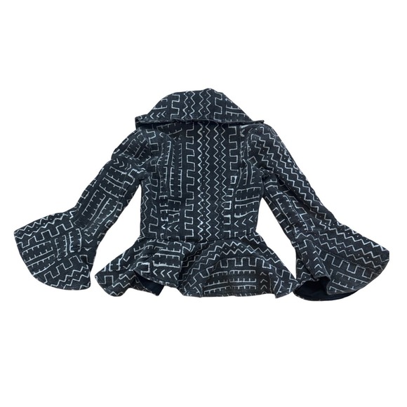 Unique Geometric Print Mud Cloth Peplum Jacket Bell Sleeves Collar - Picture 3 of 7